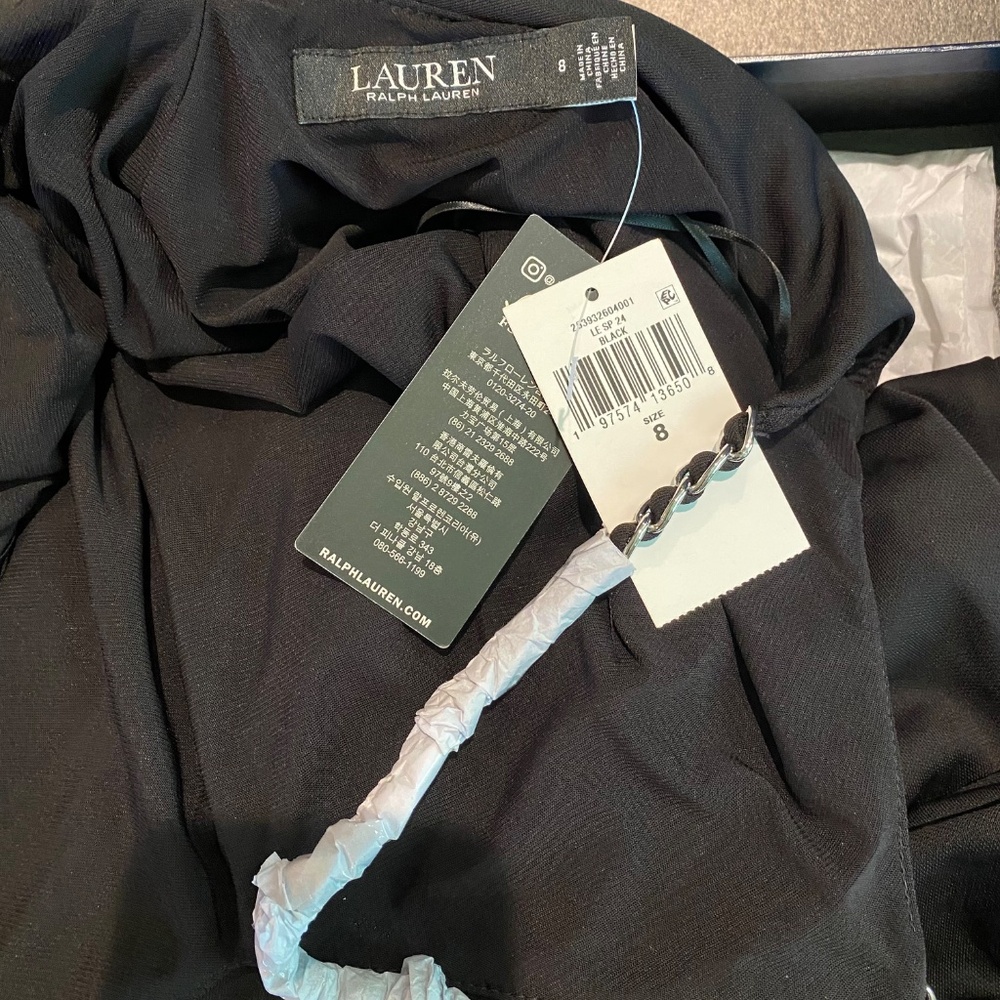 New! 8 Lauren Ralph Twist Back Black Gown Jersey Maxi Dress Chain Straps, Formal - Picture 13 of 15